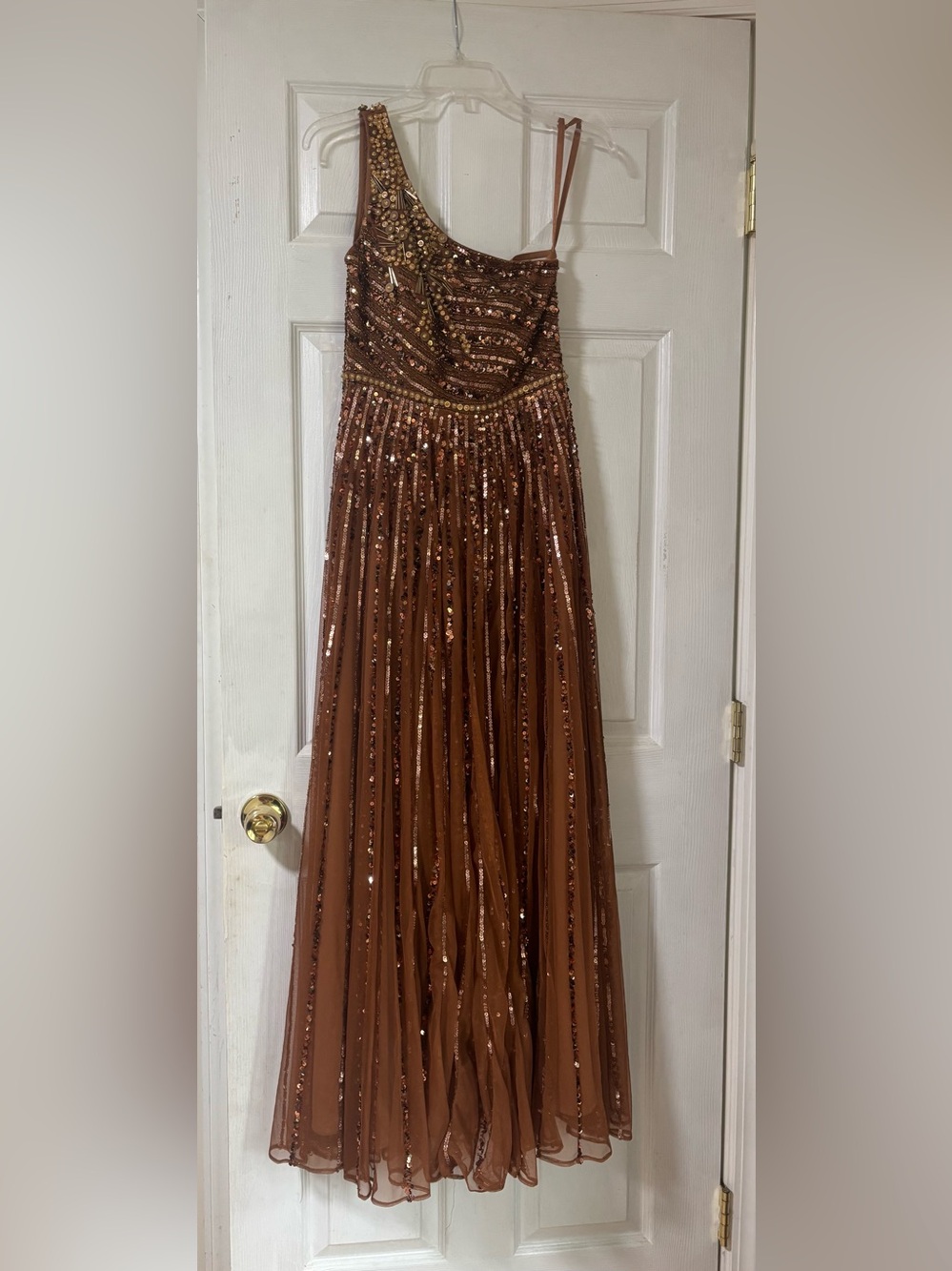 Mac Duggal Embellished One Shoulder Beaded Sequin A-Line Gown Size 4